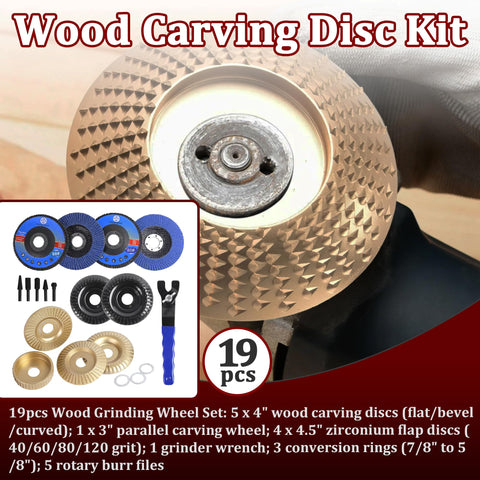Close-up of 19 Piece Wood Carving Disc Set for Four and Four Point Five Inch Angle Grinders with Seven Eighths Inch to Five Eighths Inch Arbor