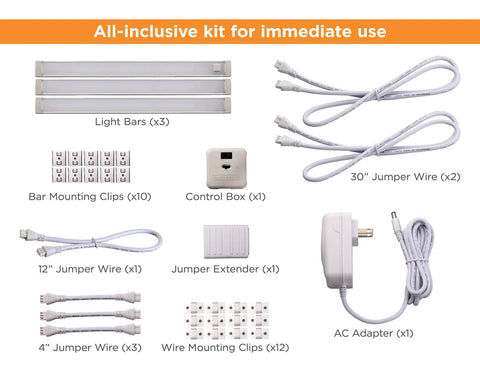Under Cabinet LED Lighting Kit With Motion Sensor, 3 Slim Bars At 9 Inches Each, parts laid out including wires and clips.