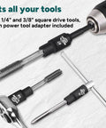 12-Piece Magnetic Tap Socket Set With One Quarter Inch And Three Eighths Inch Square Drive Tap Handle Tool For Tight Spaces Workhorse Magnetic Design Keeps Taps Locked In Place And Extension Ready, showing tools adapting to power drill and wrench.