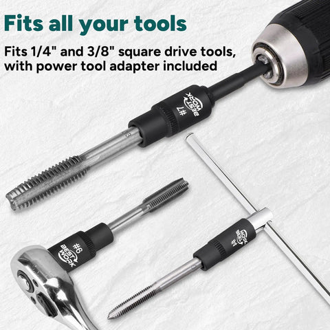 12-Piece Magnetic Tap Socket Set With One Quarter Inch And Three Eighths Inch Square Drive Tap Handle Tool For Tight Spaces Workhorse Magnetic Design Keeps Taps Locked In Place And Extension Ready, showing tools adapting to power drill and wrench.