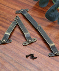 Heavy Duty Antique Brass Lid Support Hinge Pair With Pro Level Mounting Hardware For Retractable Cabinet Doors and Furniture Makeover, showing hinges and screws.