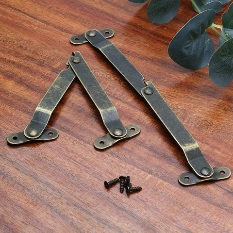 Heavy Duty Antique Brass Lid Support Hinge Pair With Pro Level Mounting Hardware For Retractable Cabinet Doors and Furniture Makeover, showing hinges and screws.
