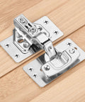 Two Pack Heavy Duty Cabinet Hinges Repair Plates Kit 90x47mm Stainless Steel Hinge Repair Brackets For Wooden Doors Kitchen Cabinets Cupboards And Furniture Silver Finish installed on wooden surface
