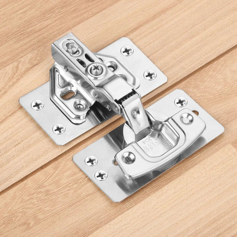 Two Pack Heavy Duty Cabinet Hinges Repair Plates Kit 90x47mm Stainless Steel Hinge Repair Brackets For Wooden Doors Kitchen Cabinets Cupboards And Furniture Silver Finish installed on wooden surface