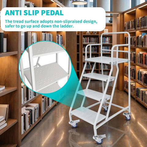 Heavy Duty Four Step Rolling Ladder With Secure Handrails Built Different For Warehouse Spaces Rock Solid Eight Hundred Eighty Pound Capacity Premium Cold Rolled Steel displayed with anti-slip pedal in a library.