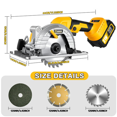 Kickass Heavy Duty Five Inch 21V Cordless Circular Saw With Two Batteries And Eight Sharp Blades Plus Sturdy Carry Bag with size details.