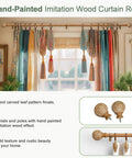 Imitation Wood Grain Leaf Pattern Curtain Rods Set 1 Inch Diameter Adjustable Heavy Duty Boho Drapery Rods For 48 To 84 Inch Windows Natural Wood Finish Finials