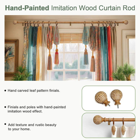 Imitation Wood Grain Leaf Pattern Curtain Rods Set 1 Inch Diameter Adjustable Heavy Duty Boho Drapery Rods For 48 To 84 Inch Windows Natural Wood Finish Finials