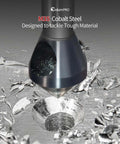 ColumPRO countersink bit, M35 cobalt steel, 90-degree, front view with metal shavings and drilled hole