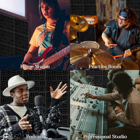Bang For Buck Black Acoustic Foam Panels 12 Pack Hella Effective Sound Absorption For Podcast Recording And Streaming Smooth Open Cell Grid Tiles To Crush Echo In Any Creative Setup with musicians in studios.