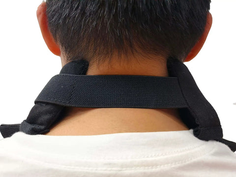 Rear view of Throat Guard Gorget For HEMA Fencing, Lightweight Canvas Overlay With Air Mesh, showing neck protection and strap.