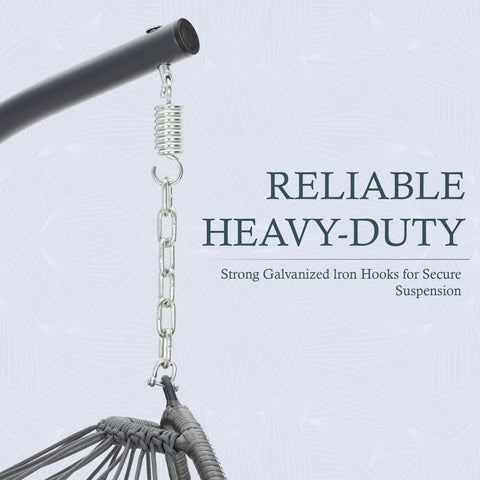 Close-up of suspension chain of Indoor Outdoor Egg Chair With Stand For Patio And Balcony Wicker Swing Egg Chair Rust Resistant Steel Frame