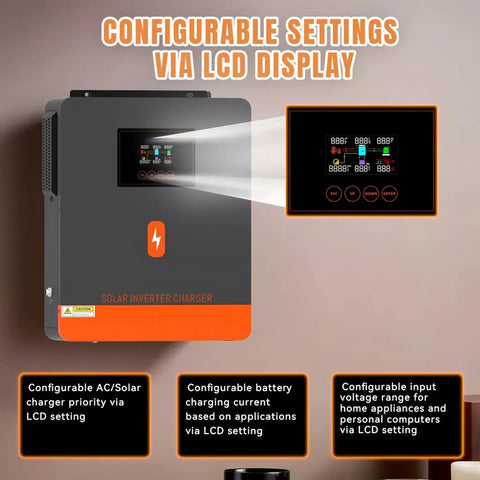 Beast 3.6kW Pure Sine Wave Solar Inverter with LCD display showing settings and configurations for off-grid power.