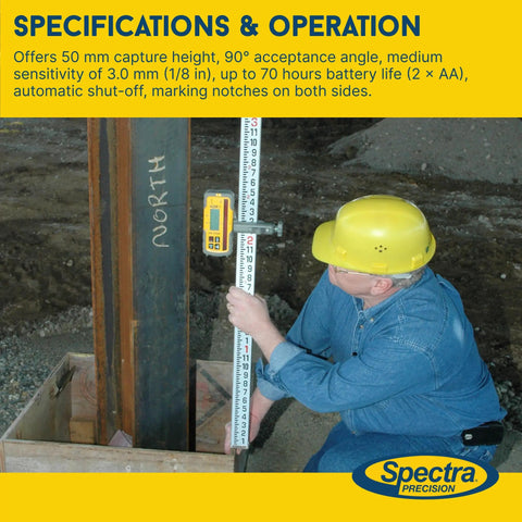 HL700 Digital Readout Receiver for Surveying and Layout, Built Tough For The Job, Huge Five Inch Reception Height, Front And Rear LCD Displays, Waterproof And Weatherproof, Precise Elevation Readout Within Two Inches, Rugged Design For Basic And Advanced, worker checking grade on steel beam