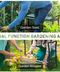 Padded Garden Kneeler And Seat Bench With Extra Thick Foam, Foldable Steel Frame, Lightweight And Portable For Gardening, Weeding, Planting, And Yard Work, Easy Storage, Converts From Sit To Kneel For Pain Free Comfort in use in a garden setting.