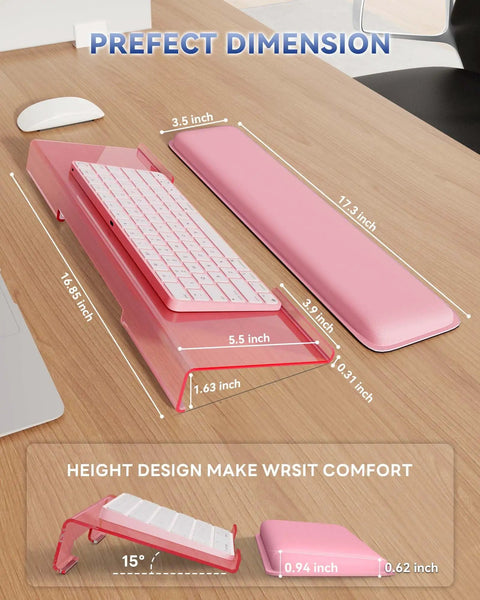 Ergonomic Keyboard Wrist Rest Stand for Desktop With Tilted Riser And Comfy Wrist Pad For Comfortable Typing At Office Home Or School Pink For All Day Comfort, pink acrylic riser with foam pad, dimensions shown on a desk