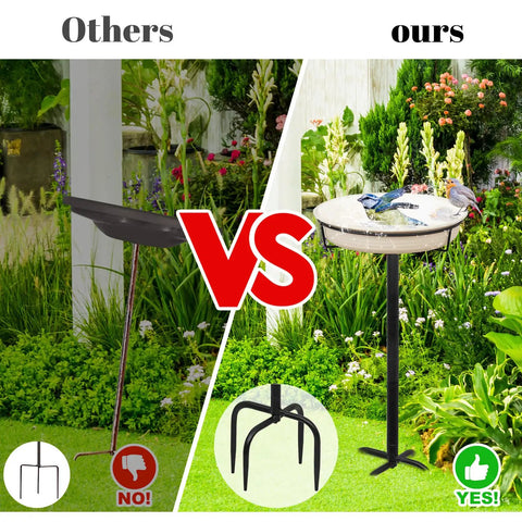 Comparison of two bird baths, ours featuring Heavy Duty Outdoor Bird Bath With Detachable Bowl And Feeder, 35.5 Inch Tall Stand, Metal Stake Base, and garden setting.