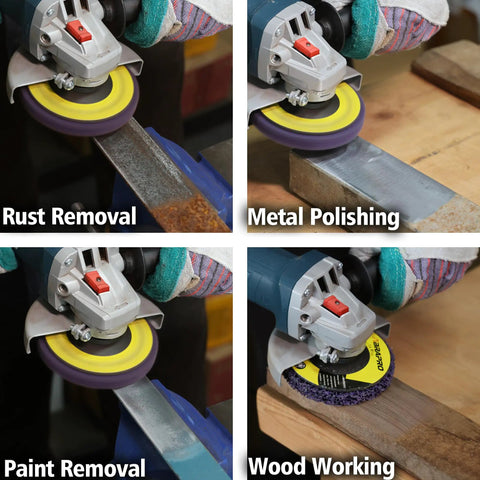 Five Pack Strip Discs Four And A Half Inch By Seven Eighth Inch Stripping Wheel For Angle Grinder With Silicon Carbide Abrasive showing rust removal, metal polishing, paint removal, and woodworking.