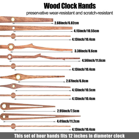 Various styles of wood clock hands with measurements for 12-inch clocks, part of Quartz Clock Mechanism Replacement Kit With 4 Types Walnut Wood Clock Hands For 12 Inch Clocks, 20 mm Movements, Gasket Tools, Metal Hooks, DIY Repair Parts For Quick Easy Timepiece Fix.