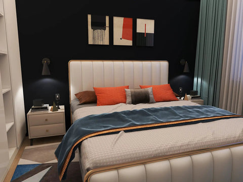 Bedroom scene with Battery Powered Wall Lamp Sconce Set, no wiring required, above bedside tables, remote control, dimmable.