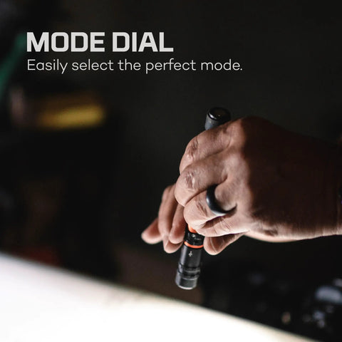 Hand adjusting mode dial on PL500 Penlight 500 Lumens, Five Modes, Rechargeable Mini LED Flashlight With Magnetic Base And Pocket Clip.