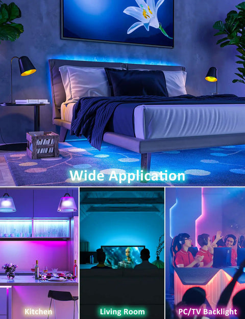 LED Light Strip Kit 200ft Ultra Long RGB 5050 Color Changing Lights With Music Sync Dimmable App Control IR in bedroom and kitchen use