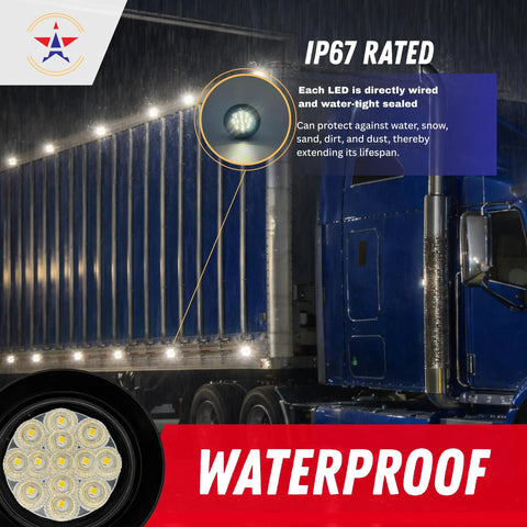 Two Pack 2.5 Inch Round White LED Marker Lights Kit 13 Diodes Waterproof Flush Mount on blue truck in rain
