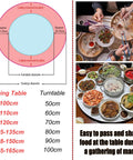 Diagram and photos showing Tempered Glass Lazy Susan Turntable For Dining Table With Swivel Assist System Large Round Rotating Serving Tray.