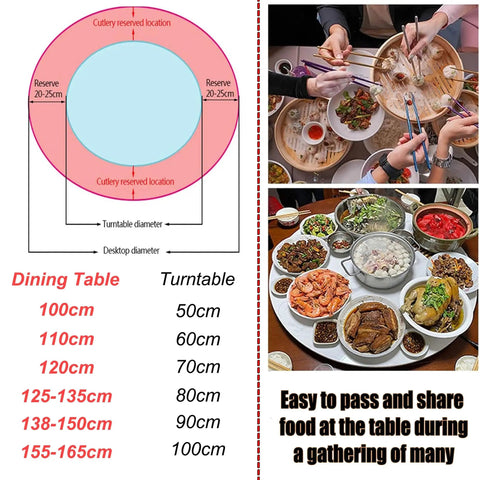 Diagram and photos showing Tempered Glass Lazy Susan Turntable For Dining Table With Swivel Assist System Large Round Rotating Serving Tray.