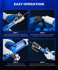 Orion Motor Tech hydraulic brake flaring tool kit in blue with tubing cutter and deburring tool; four-step instruction panels.