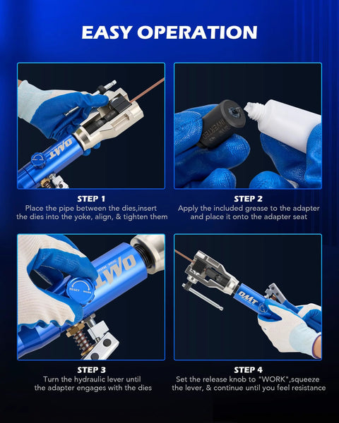 Orion Motor Tech hydraulic brake flaring tool kit in blue with tubing cutter and deburring tool; four-step instruction panels.