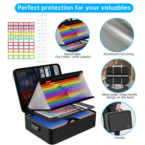 Fireproof File Organizer Bag With 13 Colorful Pockets And Accordion Folder 5200F Document Safe Box with Lock and Labels