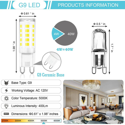 G9 LED Bulbs 10 Pack 4W 40W Halogen Replacement Ceramic Base 120V 360 Degree Beam Not Dimmable Flicker Free Daylight 5000K