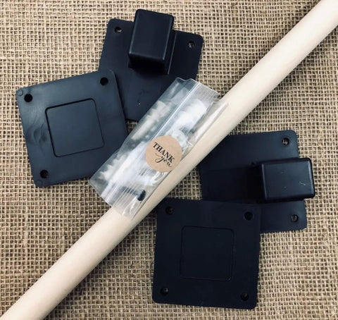 Components of Banister To Wall Stair Gate for Kids and Pets, including brackets and rod, no drill required, made in USA.