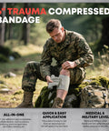 Advanced Trauma First Aid Kit: front view of man in camo applying 6-inch trauma bandage to leg outdoors, backpack nearby