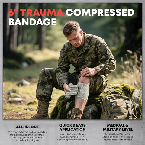Advanced Trauma First Aid Kit: front view of man in camo applying 6-inch trauma bandage to leg outdoors, backpack nearby
