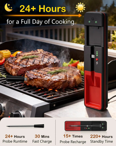 Wireless Meat Thermometer With Real Time Temp Updates, 0.5 Fahrenheit Accuracy, 900ft Bluetooth Range, device by grill