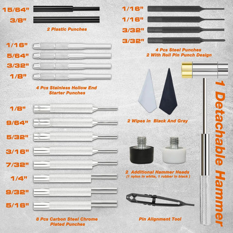 Pro Grade Punch Set Kit With Steel Punches Roll Pin Set Hammer And Organizer Case For Machinery Maintenance And DIY Projects Ideal For Jewelry Watchmaking Engineers Carpenters Bench Block Not Included featuring punch tools, detachable hammer, and cleaning wipes.