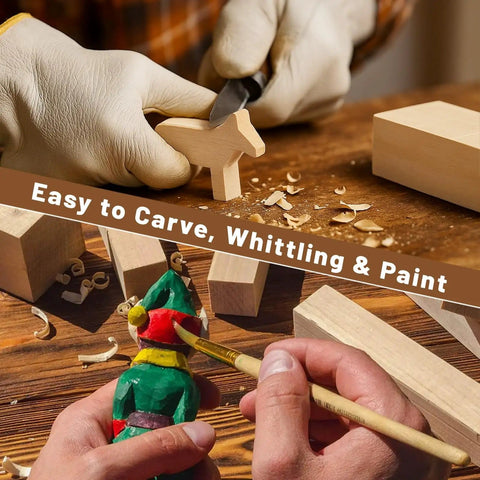 Basswood Carving Blocks Set for Beginners and Adults, 27 Piece Whittling Wood Kit With Mixed Sizes shown in use for carving and painting