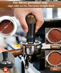 Bad Ass Home Barista Essential Kit Includes 58mm Spring Loaded Tamper, showing proper use on 58mm portafilter with espresso grounds.