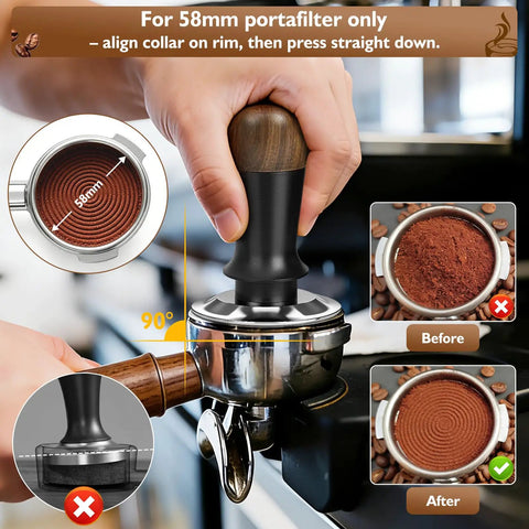 Bad Ass Home Barista Essential Kit Includes 58mm Spring Loaded Tamper, showing proper use on 58mm portafilter with espresso grounds.