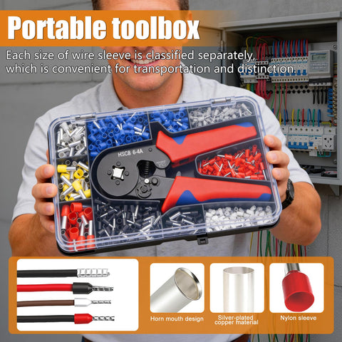 Ferrule Crimping Tool Kit With 1500 Pcs Of 11 Sizes Wire End Ferrules, AWG 23 To 7 Ratchet Pliers in transparent box