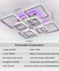 Dope 100W LED Flush Mount Ceiling Light with remote dimming and color temperature control, modern square design, dimensions shown