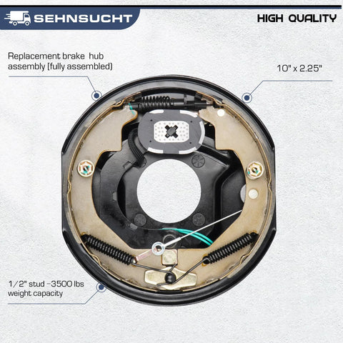 SEHNSUCH trailer brake drum hub assembly with self-adjusting electric brakes, 10 x 2.25 in, 5-hole bolt pattern, front view