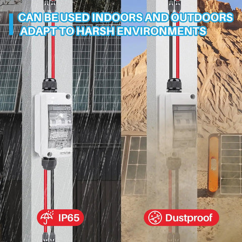 Solar Panel Disconnect Switch 30A 1000V DC PV Breaker With Cable IP65 Outdoor Rated For Home Solar Battery Systems Easy Install Copper Coil Design Weatherproof Disconnect For Safe System Shutdown installed outdoors in rainy and dusty conditions.