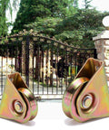 Two 2in V-groove wheel plate casters with brackets, gold zinc-plated metal for sliding gates.