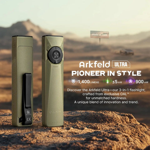 Arkfeld Ultra 1400 Lumen EDC Flashlight With USB Rechargeable Battery Pocket Size Flat Bezel shown on rocky surface