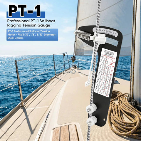 Hands Off Sailboat Rigging Tension Gauge For Wire Rope And Cable Fit In Three Thirty-Second Inch, One Eighth Inch, And Five Thirty-Second Inch Sizes, Eight Hundred Pound Rating, Accurate Tool To Prevent Over Tightening And Under Tightening on sailboat rigging