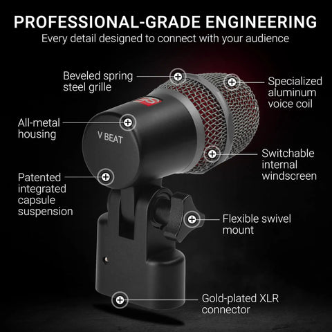 Close-up of V Beat Drum Microphone Compact Dynamic Supercardioid Mic with visible swivel mount and labeling details.