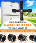 17 Inch Water Meter Key With 4 Way Multi Functional Utilities Key, T Handle Water Shut Off Tool, outdoor cabinets in background
